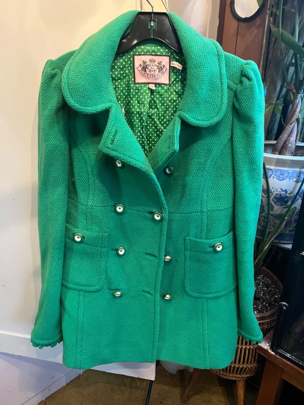 Juicy Couture Bright Emerald Green Double-Breasted Pea Coat